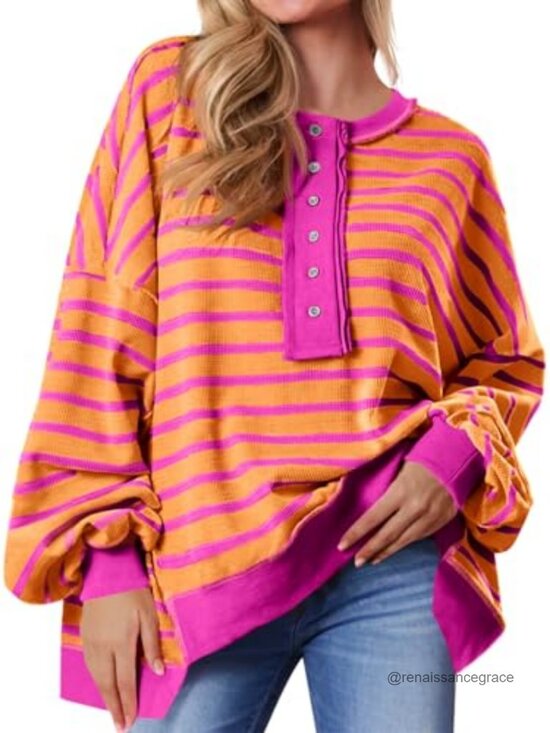 Tops - Oversized Striped Henley Sweatshirt Waffle Knit Long Sleeve Pullover Fall Winter